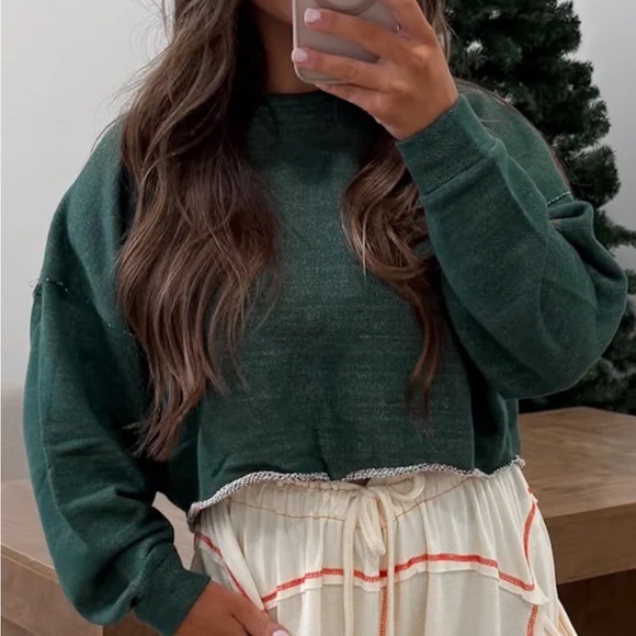 Double Zero Tops - Double Zero Forest Green Long Sleeve Crop Top
